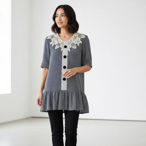 VINTAGE Paco Rabanne Cottagecore Lace Collar Short Sleeve Tunic Blouse